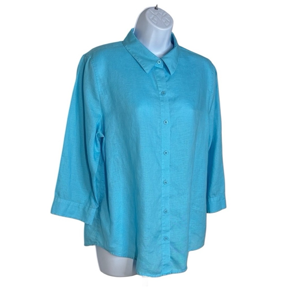 Chico's No-Iron Linen Button Down Shirt Turquoise Blue